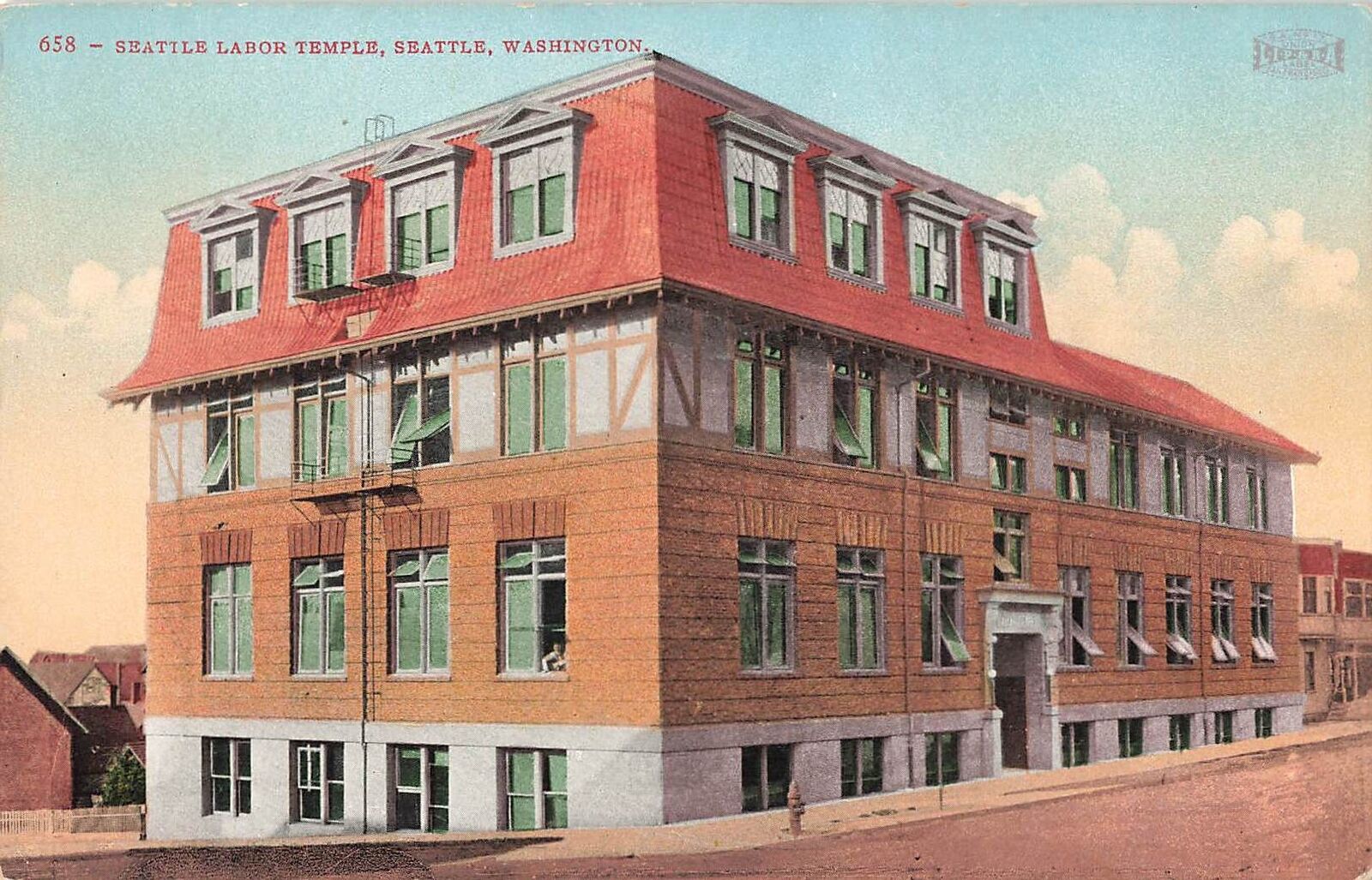 Undated postcard of the Seattle Labor Temple, corner of Sixth and Union.