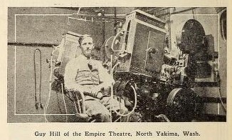 Operator Guy Hill in the Empire Theatre projection room, Yakima. (Motion Picture News, 15 July 1916, Page 300)