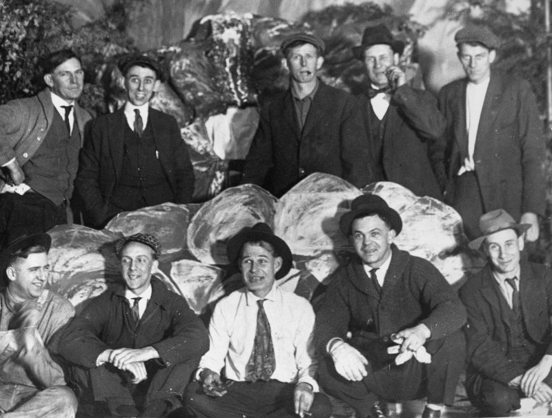 Undated photo of several Everett-area projectionists, including Mark Bebeau at lower right. (Courtesy Everett Public Library)