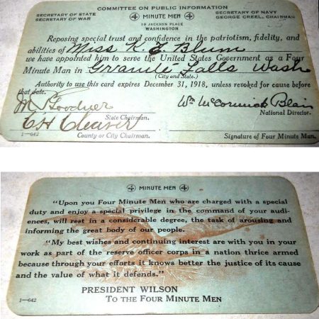 Four Minute Men membership card for Miss K.E. Blum. (Courtesy of the Granite Falls Historical Museum)