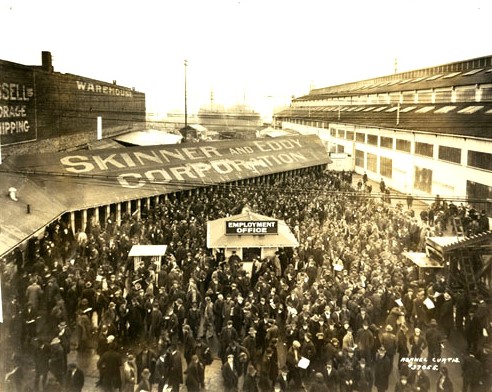 The beginning of the Seattle General Strike, January 21, 1919. (Photo by Asahel Curtis, courtesy Washington State Historical Museum, Catalog ID 1943.42.37055)