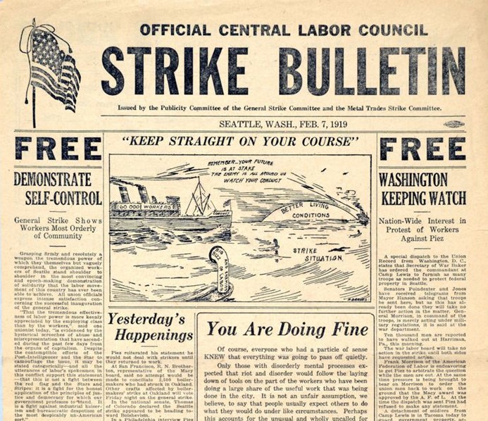 Daily strike bulletin issued by the Seattle Central Labor Council, February 7, 1919. (Courtesy MOHAI, ID No. 2019.3.53)