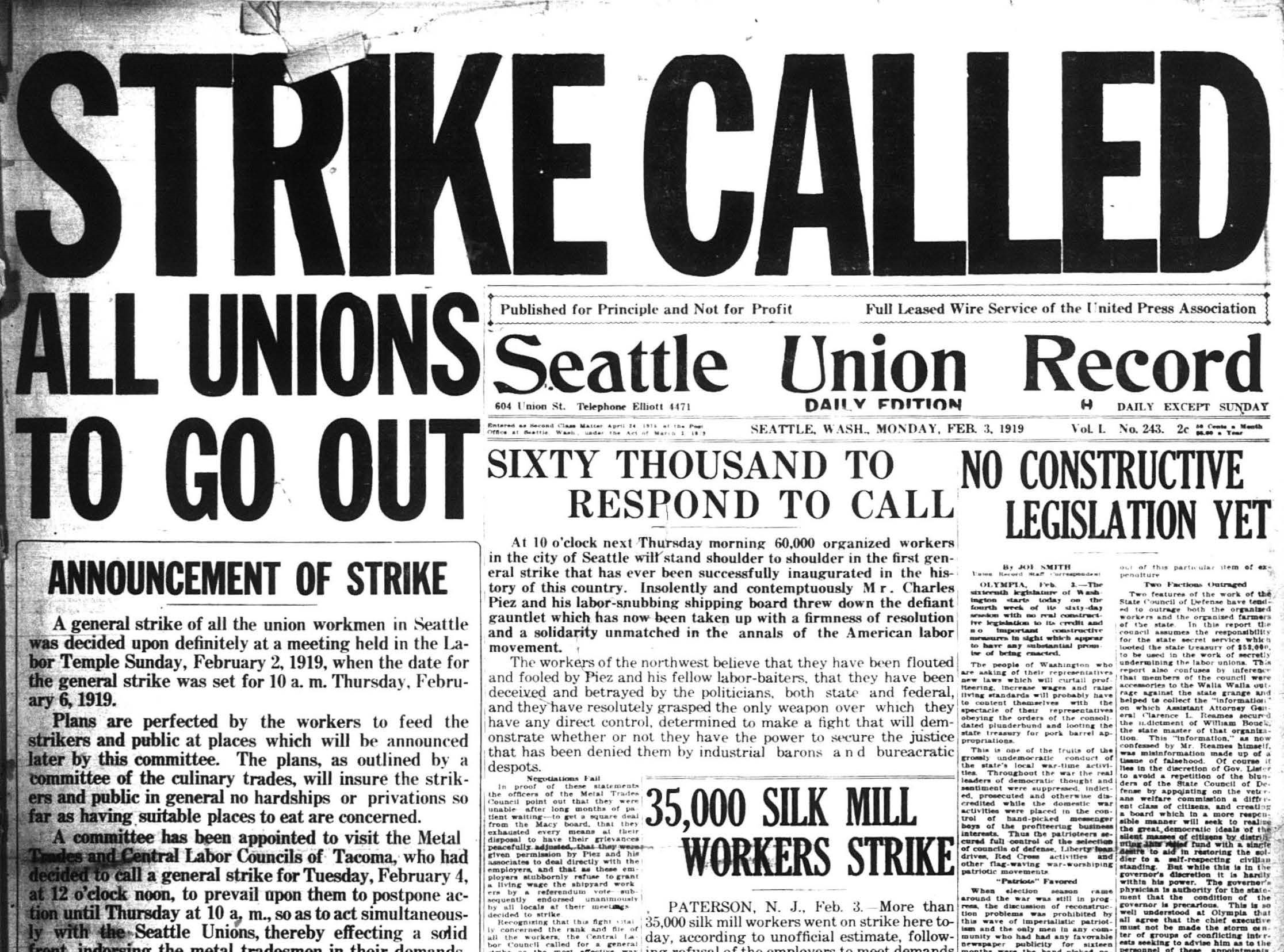 Front page of the Seattle Union Record, February 3, 1919.