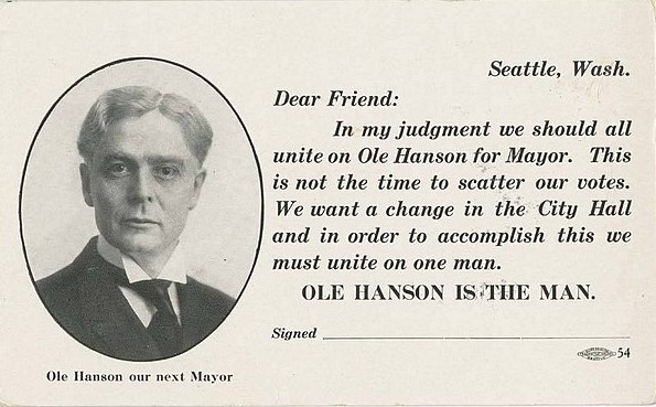 Mayoral campaign postcard for Ole Hanson, ca. 1918.