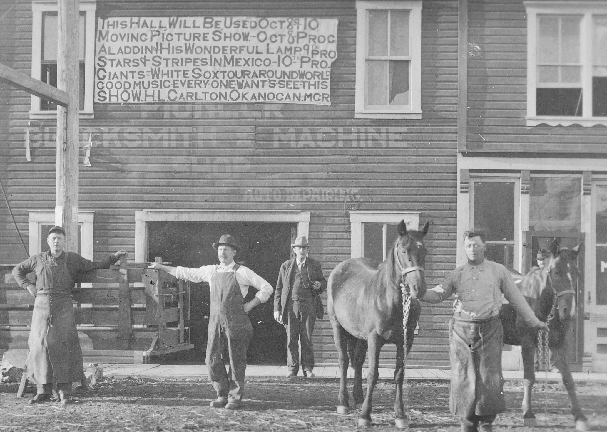 Signage for a Hub Carlton touring show in Riverside, ca. 1916. (Courtesy Okanogan County Historical Society, ID GENERAL2286_Riverside, Wash.)