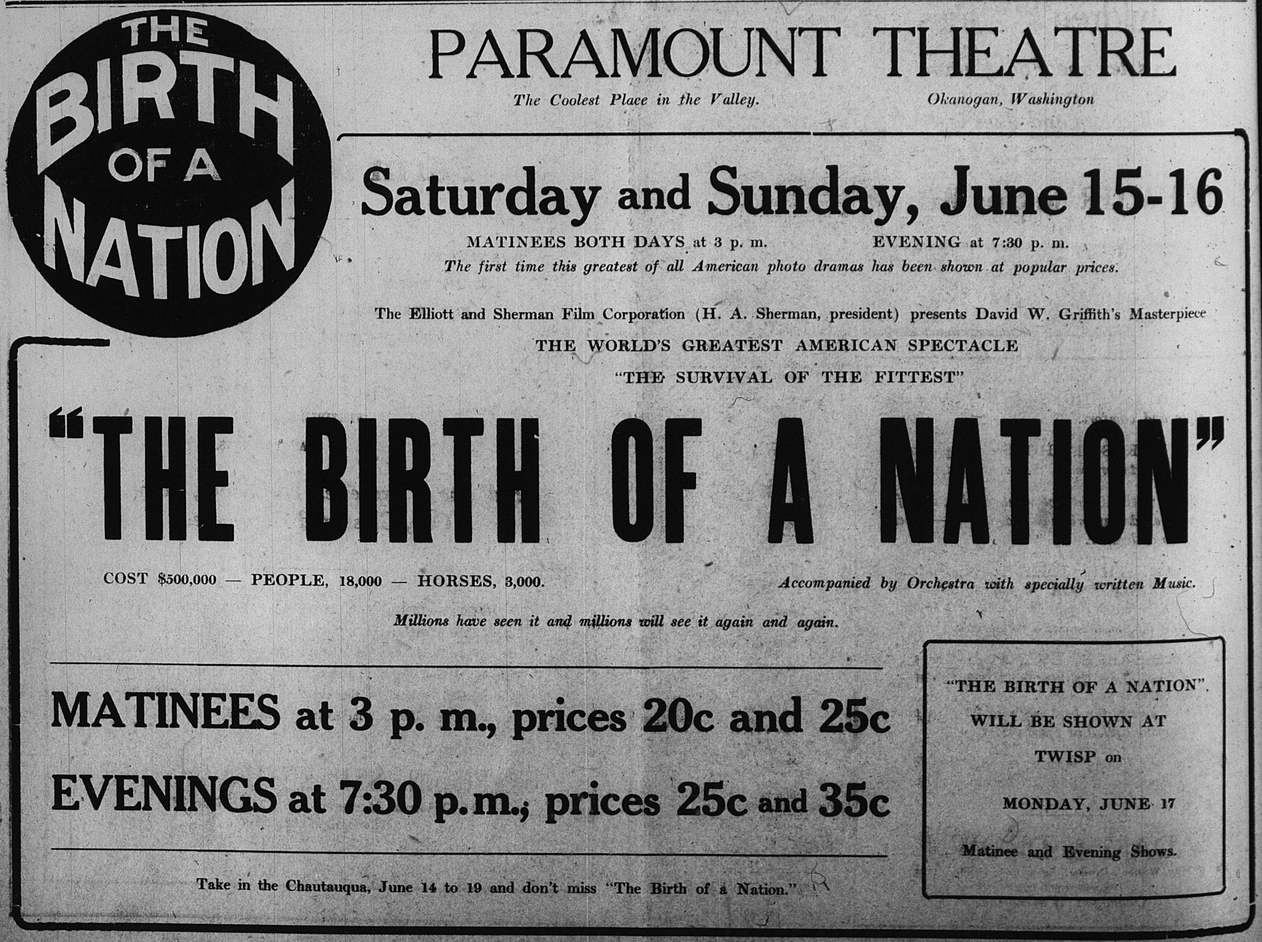 Clarence Scates' ad for "The Birth of a Nation," 1918. (Okanogan Independent, 11 June 1918, Page 4)
