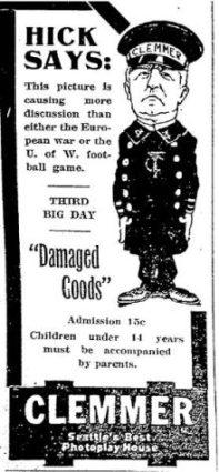 Example of the Clemmer Theatre's "Hick Says" advertising campaign, ca. 1915. (Seattle Daily Times, 16 November 1915. Page 12)