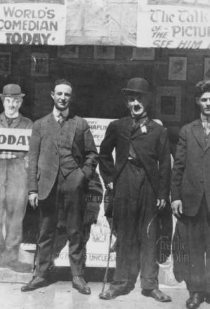 Exhibitor Joe Danz, left, with a hired Chaplin imitator, ca. 1916. (Courtesy University of Washington, Special Collections, Negative No. UW2275)