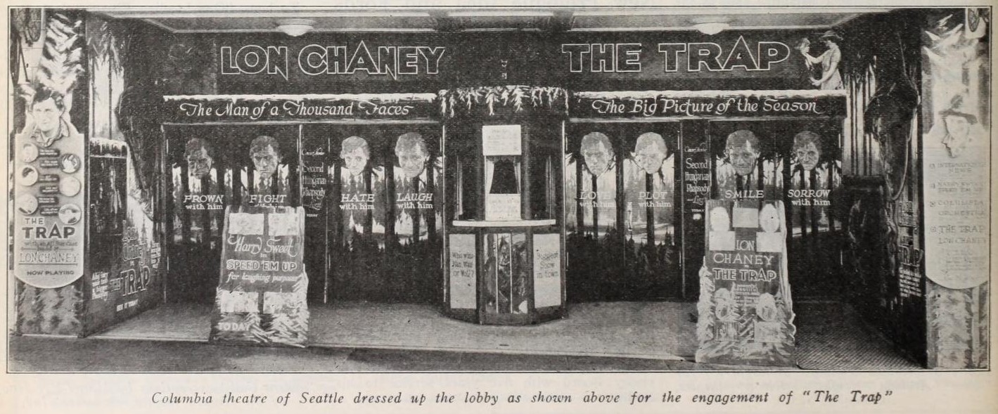Street display at the Columbia Theatre in Seattle for Lon Chaney film "The Trap," ca. 1922 (Motion Picture News, 3 August 1922, Page 624)
