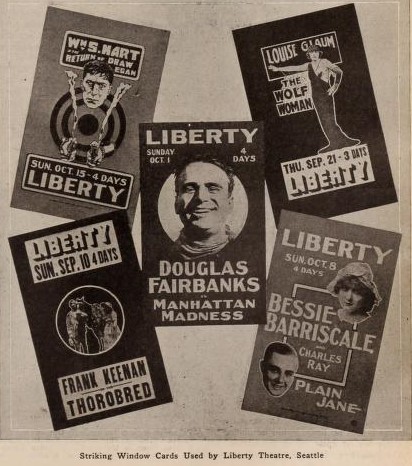 Examples of the Liberty Theatre's special lobby/window card promotions. (Motion Picture News, 23 December 1916, Page 3995)