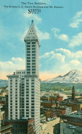 If you're plunging to your death from the Smith Tower, at least the view was nice on the way down. (Postcard ca. 1914, photo by Frank Nowell)