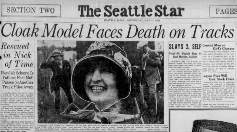 Florence Tonkin, "Seattle's Nellie," tied to the tracks. (Seattle Star, 14 May 1924, Page 9)