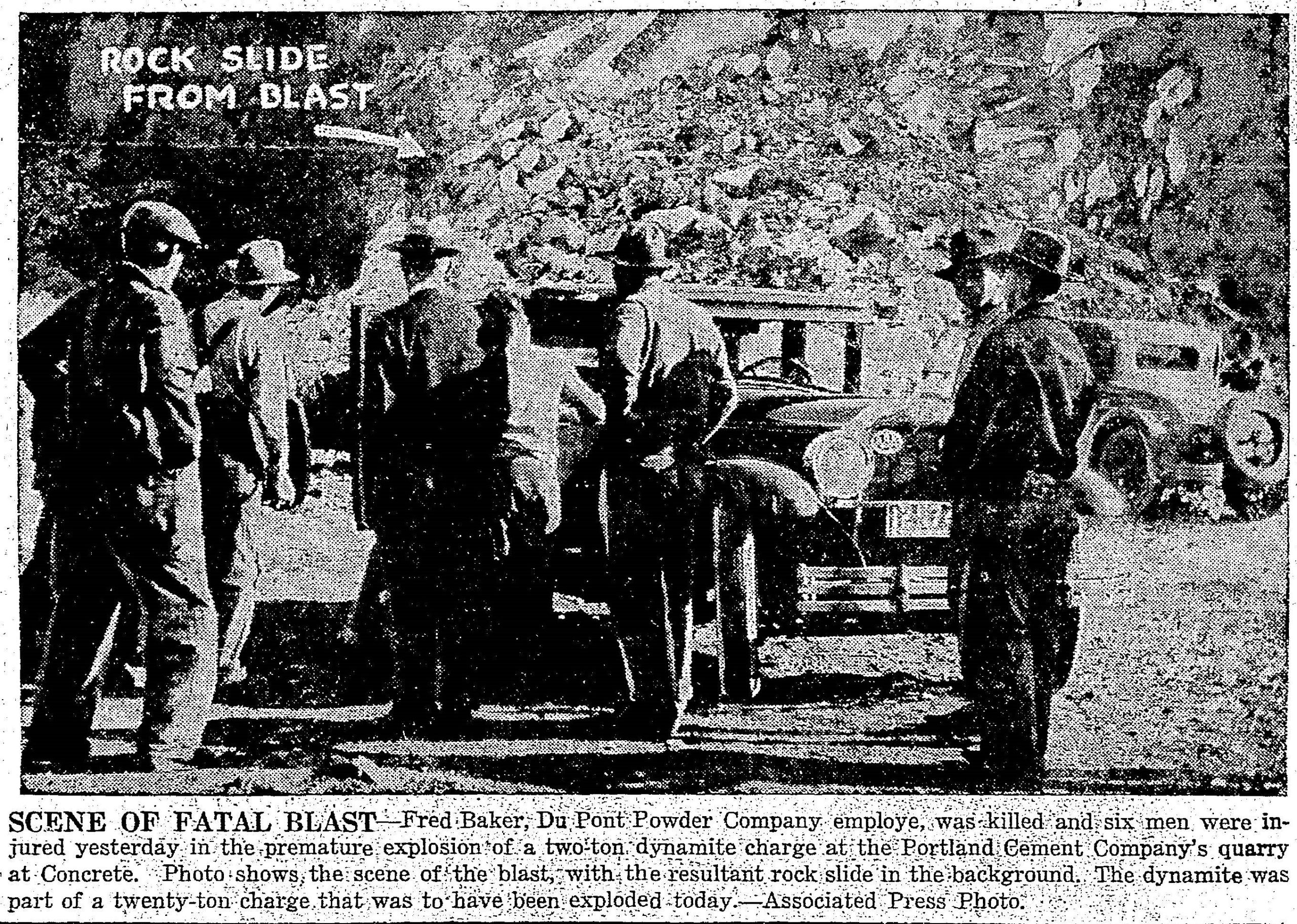 Explosive mishap in Concrete, 1929. (Seattle Daily Times, 11 October 1929, Page 16)