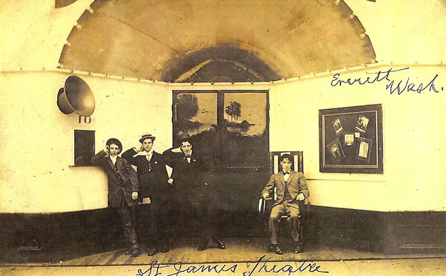 The St. James Theatre in Everett employed ballyhoo music via the photograph horn jutting out from inside the box office. (Courtesy Everett Public Library)