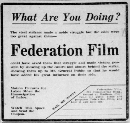 Federation Film stock advertisement. (Seattle Union Record, 10 January 1920, Page 5)