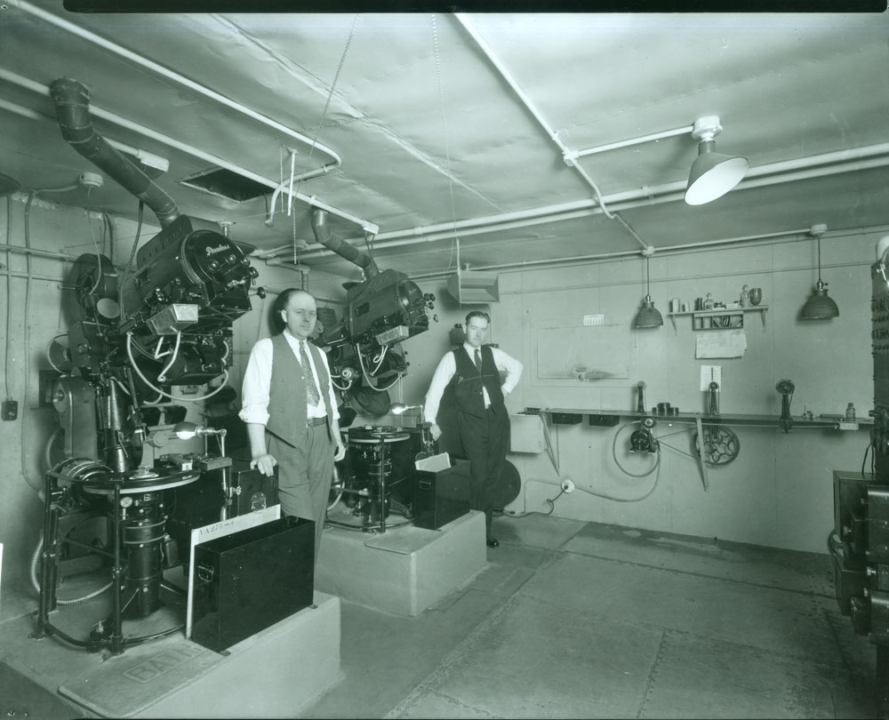 Projection room in Tacoma's Colonial Theatre, ca. 1929. (Photo by Chapin Bowen, courtesy Washington State History Museum, Catalog ID 1957.19.11.359)