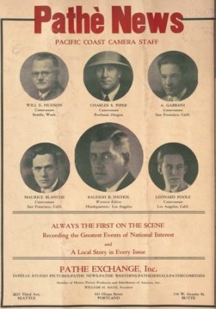 The West Coast Pathe news staff, with Will Hudson upper left (Motion Picture News, 10 September 1927, Page 16)