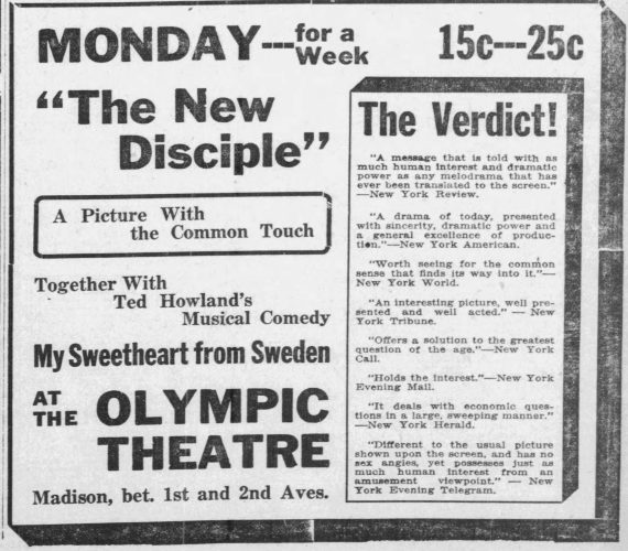 Unlike Seattle's other dailies, "The New Disciple" was considered the headline attraction by the Union Record. (Seattle Union Record, 16 December 1922, Page 3)