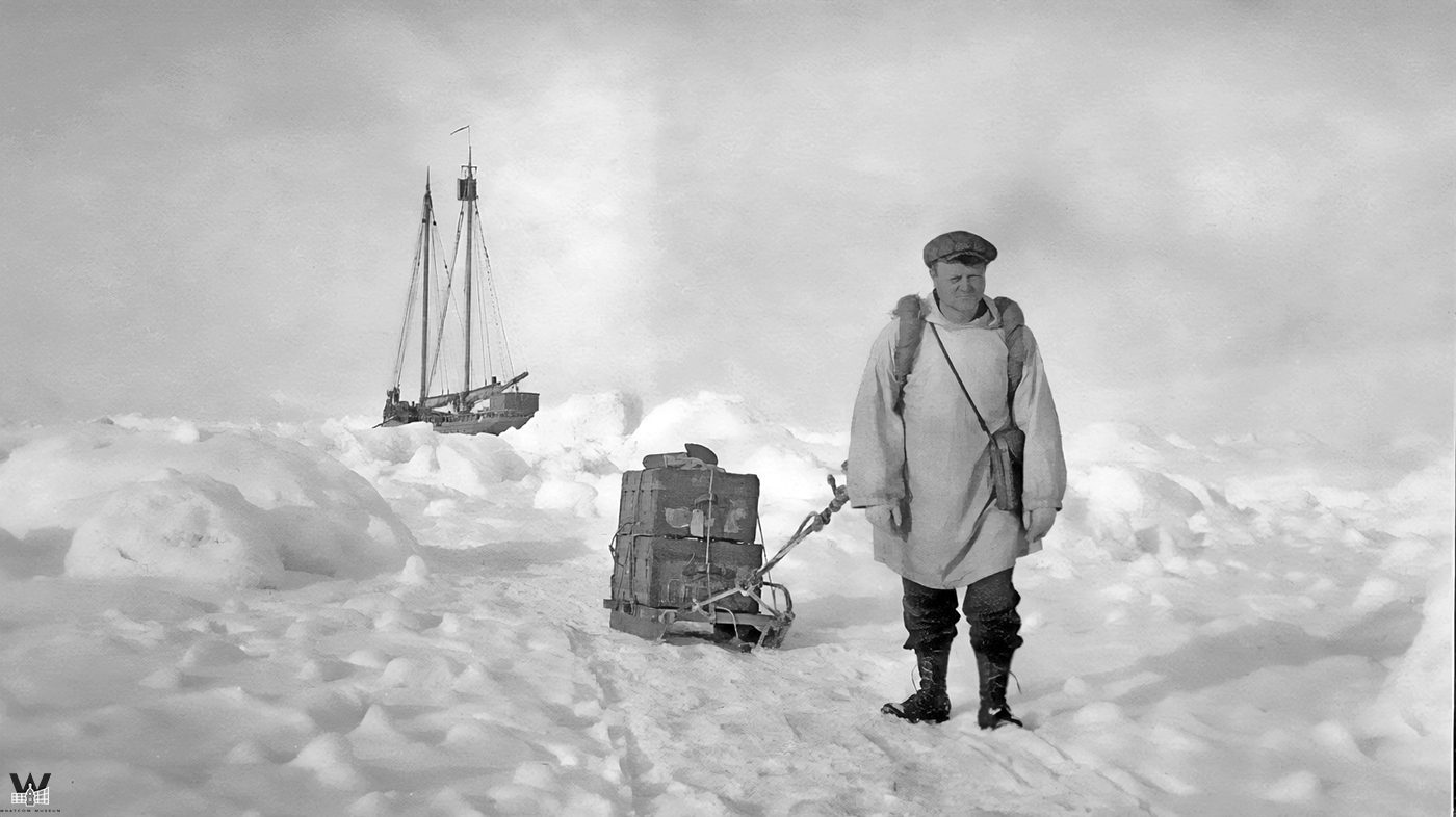 Will Hudson stranded in the Arctic, 1913. The ship "Polar Bear" is in the distance. (Courtesy Whatcom Museum, ID No. 2003.15.308-e1736605780475)