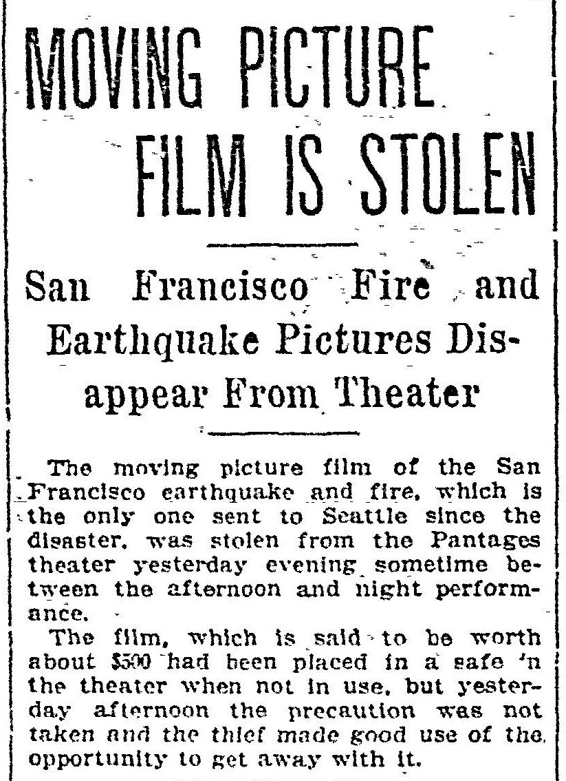 1906 film theft at the Seattle Pantages Theatre. (Seattle_Post-Intelligencer, 25 May 1906, Page 16)