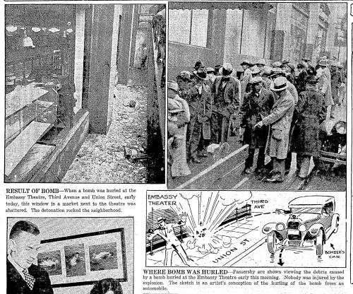 Seattle's Embassy Theatre bombed for the second time, March 1928. (Seattle Daily Times, 28 March 1928, Page 28)