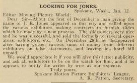 Spokane exhibitors on the hunt for "J.E. Jones." (Moving Picture World, 30 January 1915, Page 684)