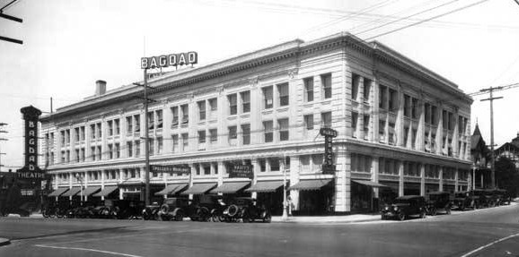 The Ballard Building, including the Bagdad Theatre, June 20, 1927. (Photo by Webster & Stevens; courtesy Museum of History and Industry, Image No. 1983.10.783)