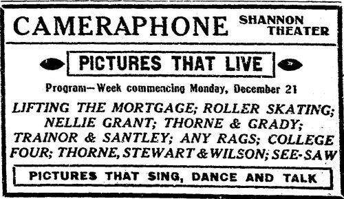 Cameraphone advertisement at Seattle's Shannon Theatre, December 1908. (Seattle Daily Times, 20 December 1908, Part Three, Page 8)