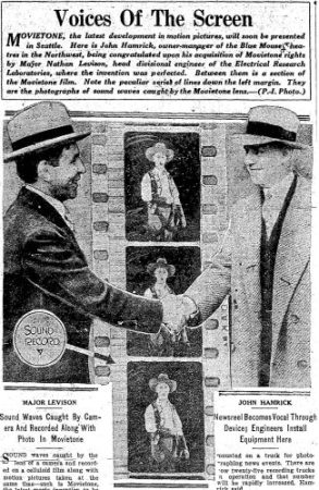 John Hamrick takes delivery of Movietone technology for his Blue Mouse Theatre in Seattle. (Seattle Post-Intelligencer, 30 November 1927, Page 3)