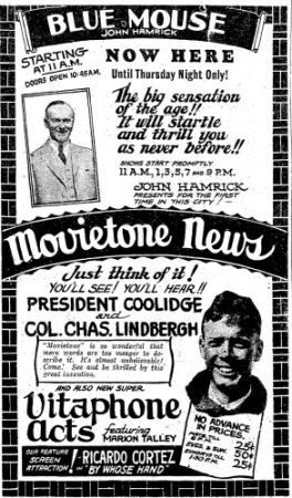 Opening Movietone bill at Seattle's Blue Mouse Theatre, December 1927. (Seattle Post-Intelligencer, 4 December 1927, Amusements Section, Page 1)