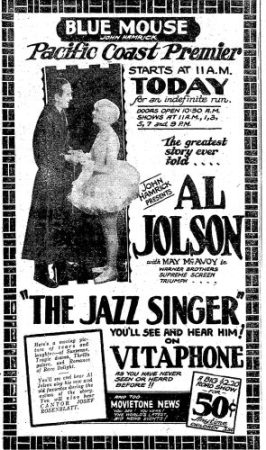 "The Jazz Singer" premieres at the Seattle Blue Mouse, December 1927. (Seattle Post-Intelligencer, 30 December 1927, Page 11)