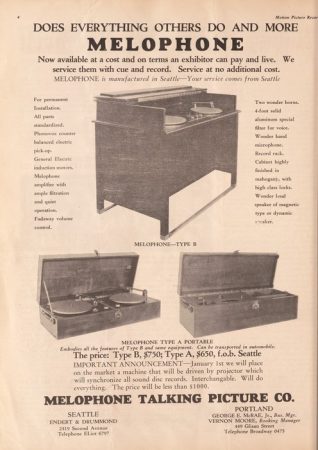 Melophone Talking Picture Co. advertisement, 1928. (Motion Picture Record, 8 December 1928, Page 4)