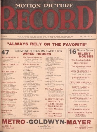 Lineup of MGM films in 1929, separated by sound and silent pictures. (Motion Picture Record, 27 July 1929).