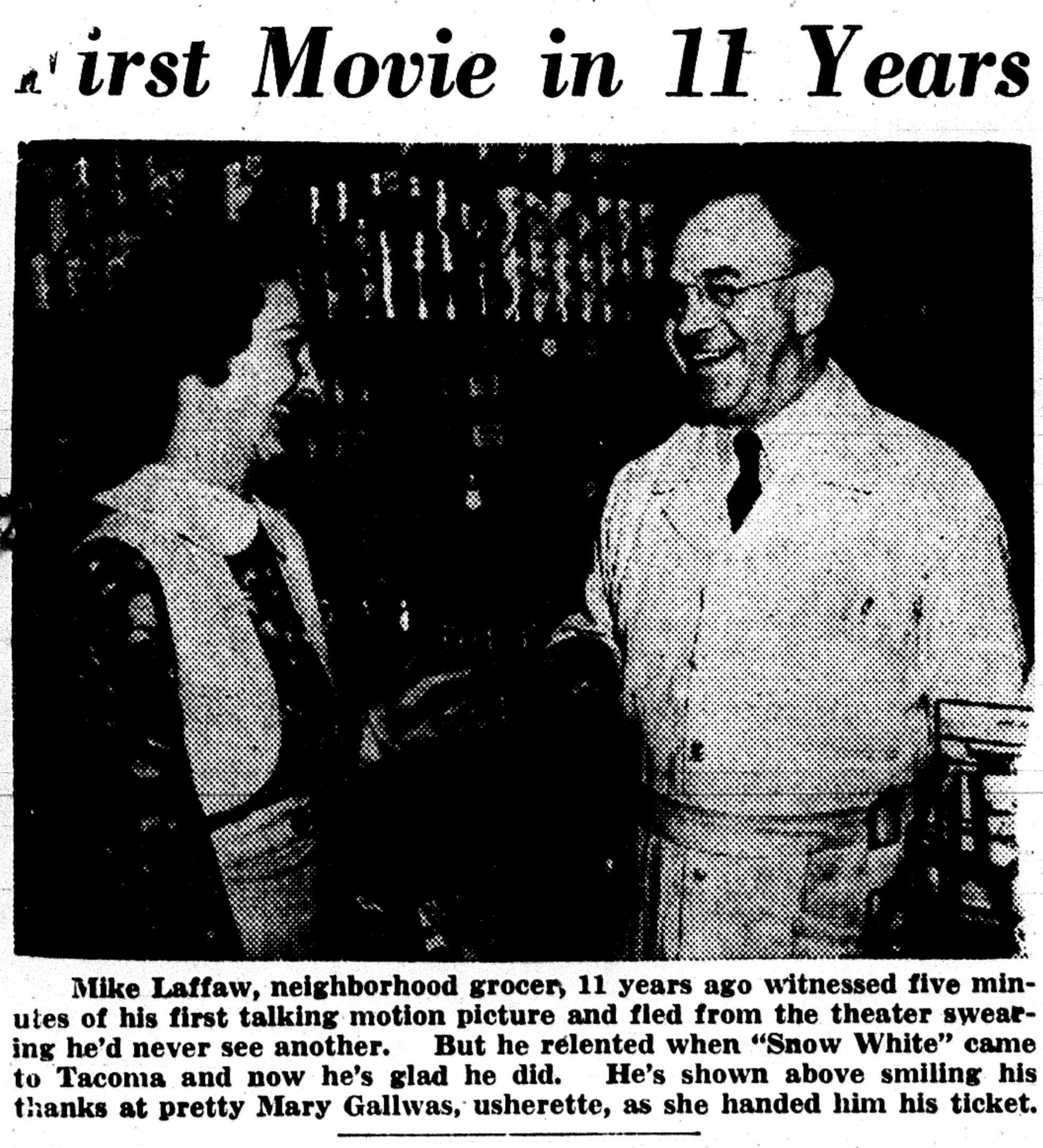 Tacoma's Mike Laffaw receives his complimentary movie tickets. (Tacoma News Tribune, 4 April 1938, Page 1)