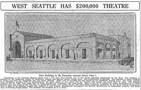 Drawing of the Granada Theatre project in West Seattle. (Seattle Daily Times, 9 May 1926, Eighth Section, Page 5)