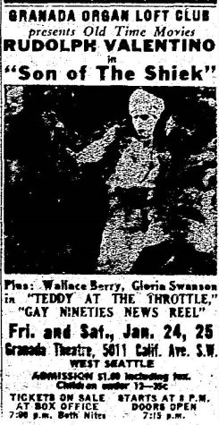 Ad for the Granada Organ Loft's first silent film screening in January 1964. (Seattle Daily Times, 23 January 1964, Page 19)