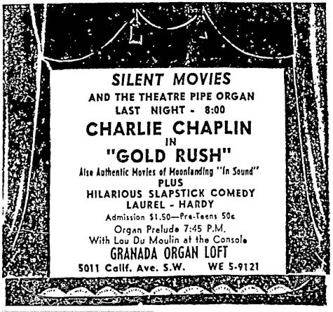 Charlie Chaplin shares the movie bill with Neil Armstrong. (Seattle Post-Intelligencer, 13 November 1969, Page 34)