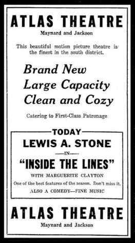 Atlas Theatre advertisement, ca. 1918-1919. (Courtesy Cinema Treasures Website)