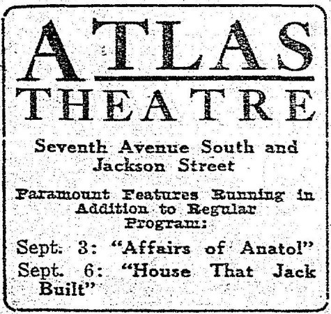 Atlas Theatre advertisement from September 1922. (Seattle Post-Intelligencer, 3 September 1922, Society-Dramatic Section, Page 7)