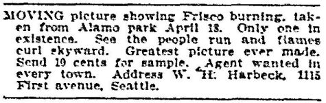 Harbeck's San Francisco film advertisement, 1906. (Seattle Post-Intelligencer, 10 June 1906, Second Section, Page 2)