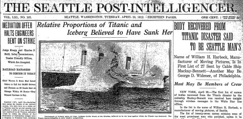 William Harbeck death announcement, April 23, 1912. (Seattle Post-Intelligencer, 23 April 1912, Page 1)