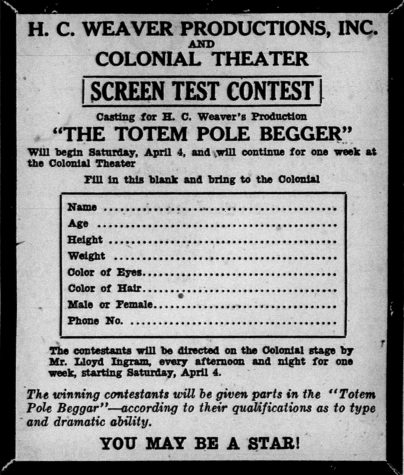 The search for screen extras for "The Totem Pole Beggar," Colonial Theatre, Tacoma. (Tacoma News Tribune, 2 April 1925, Page 8)