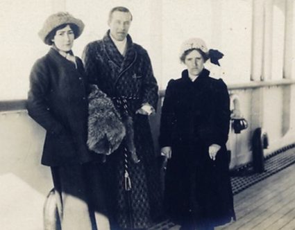 Lawrence Beesley, center, and other "Titanic" survivors shortly after being picked up from their lifeboat by the steamship "Carpathia."
