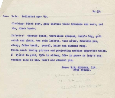 Typed listing from the "McKay-Bennett" listing items found on William Harbeck's body when it was retrieved from the Atlantic Ocean, ca. April 1912. (Courtesy Nova Scotia Archives)