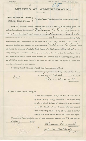Letters of Administration recognizing Catherine Harbeck as administrator of William Harbeck's affairs, dated April 25, 1912. (Courtesy Nova Scotia Archives)