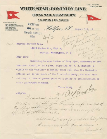 White Star Dominion Line response to the first Brownie Harbeck letter, dated August 3, 1912. (Courtesy Nova Scotia Archives)