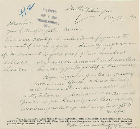 Brownie Harbeck letter to Halifax first mentioning Helene Yvois, dated August 31, 1912. (Courtesy Nova Scotia Archives)