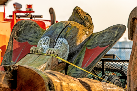 The eagle once adoring the top of the pole being readied for storage, August 3, 2021. (Photo by Clay Eals)