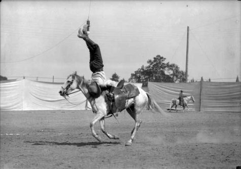 Trick rider with "Cheyene Bill's Wild West Show," July 1909. (Photo by Webster & Stevens, MOHAI, Image No. 1983.10.8328.1)