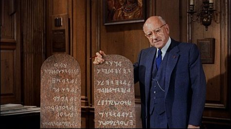 Cecil B. De Mille in the trailer for "The Ten Commandments" (Paramount, 1956), a remake of his silent feature from 1923.